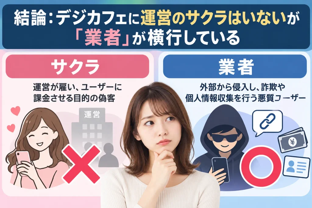 結論：デジカフェに運営のサクラはいないが「業者」が横行している